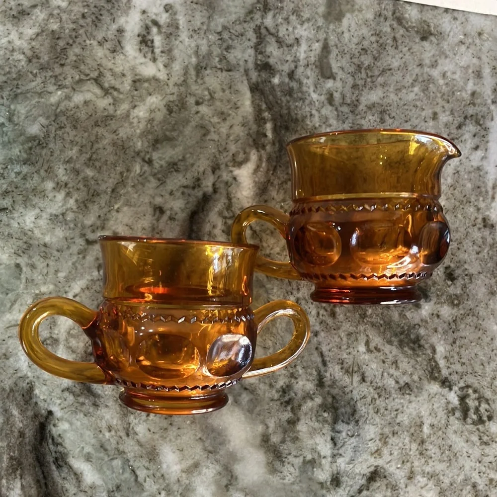 Vintage Amber Glass Sugar Bowl Creamer Set